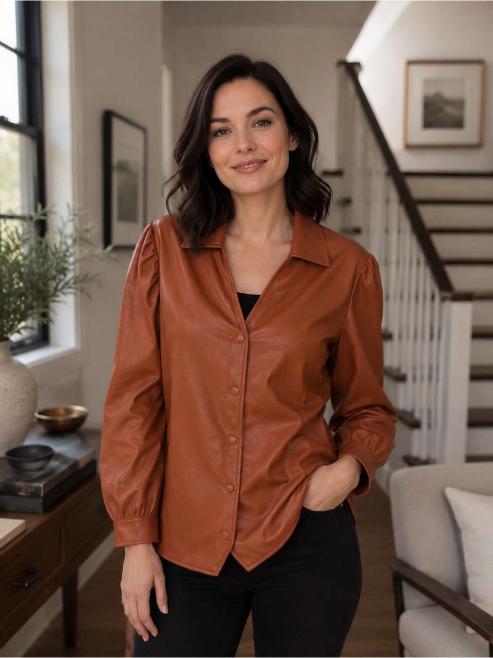 CATO Cognac Faux Leather Button Up Shirt Jacket